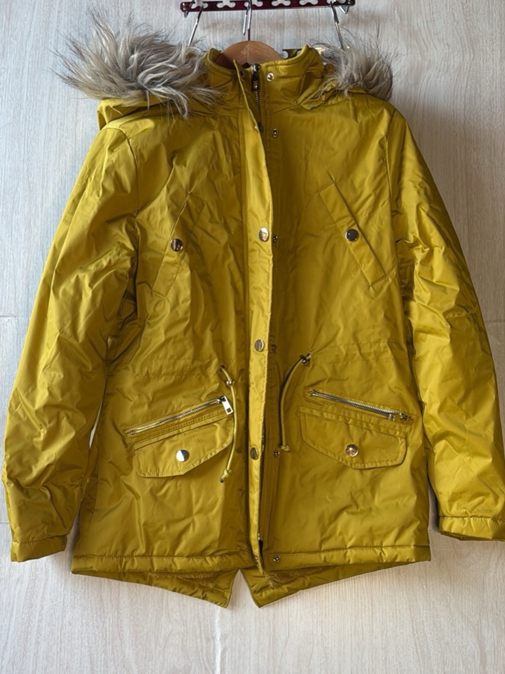 26 International Mustard Yellow Puffer Parka with Faux Fur Hood